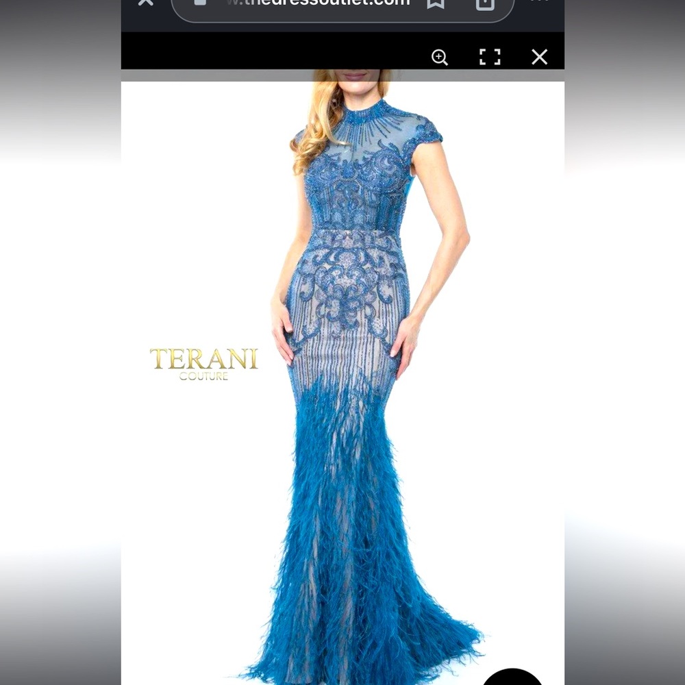 High neck short sleeve blue beaded feather gown Terani style number 1721GL4446
